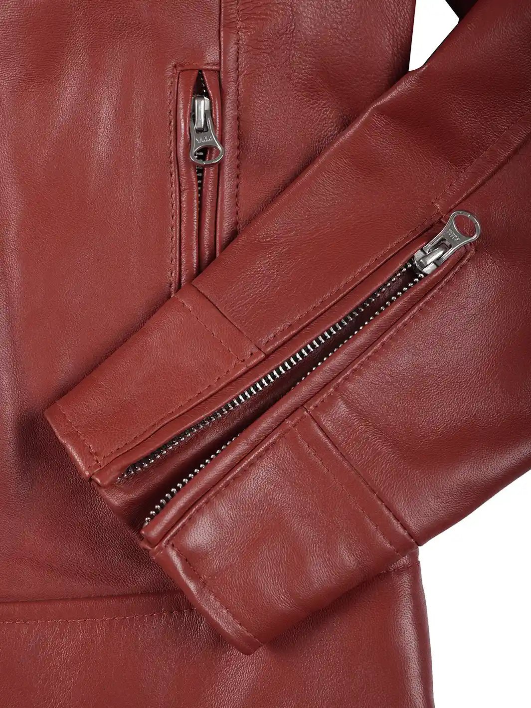 Women’s Red Lambskin Leather Cafe Racer Jacket - Image 5