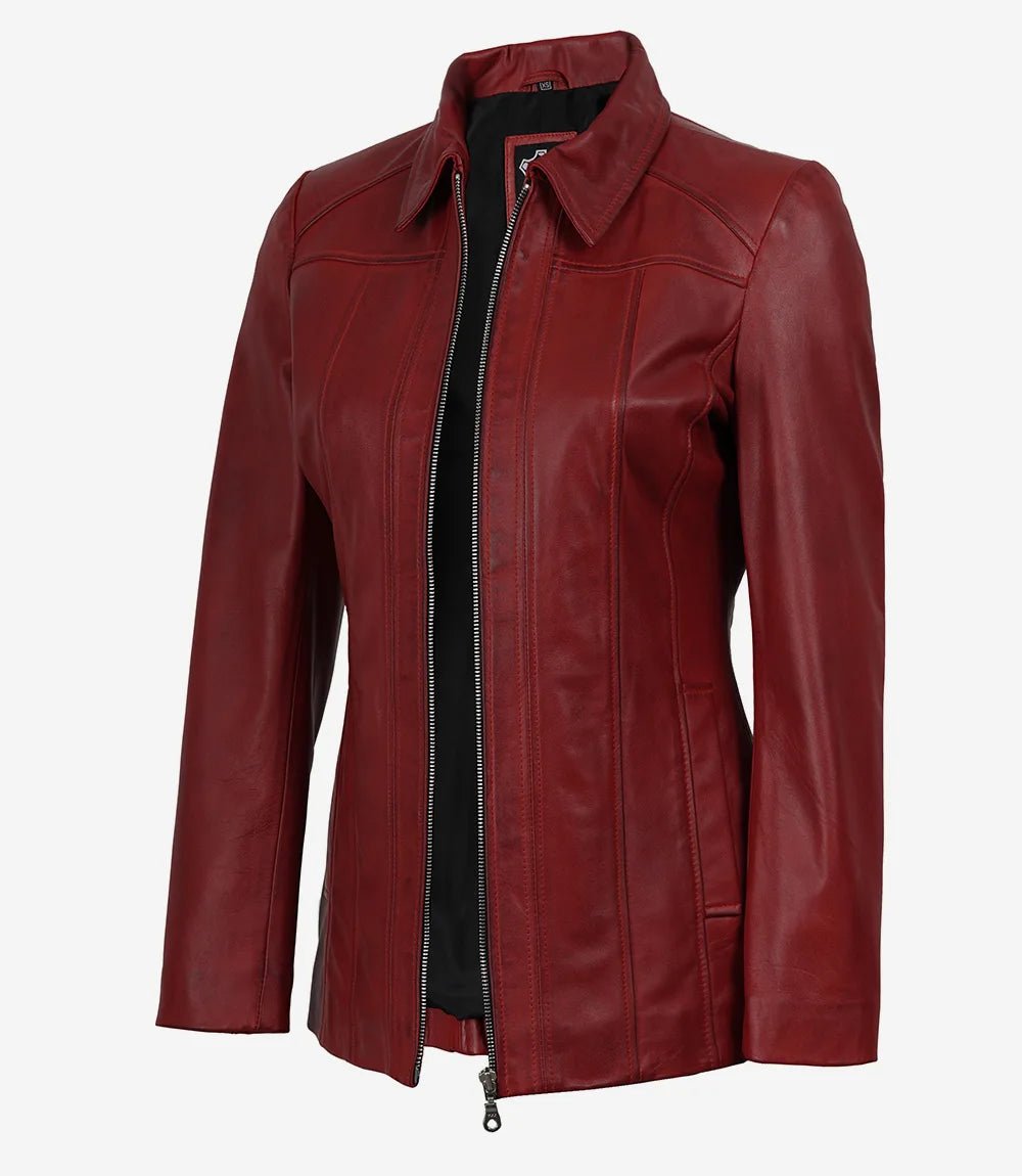 Women's Red Lambskin Leather Car Coat with Shirt Collar