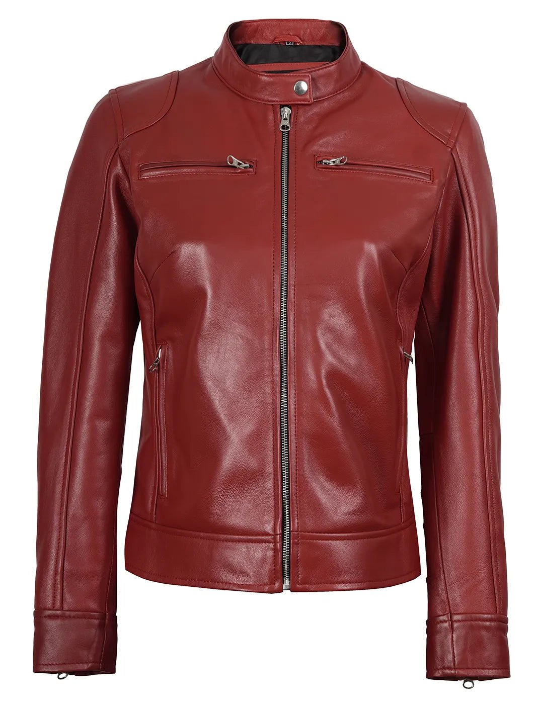 Women’s Red Lambskin Leather Cafe Racer Jacket - Image 2