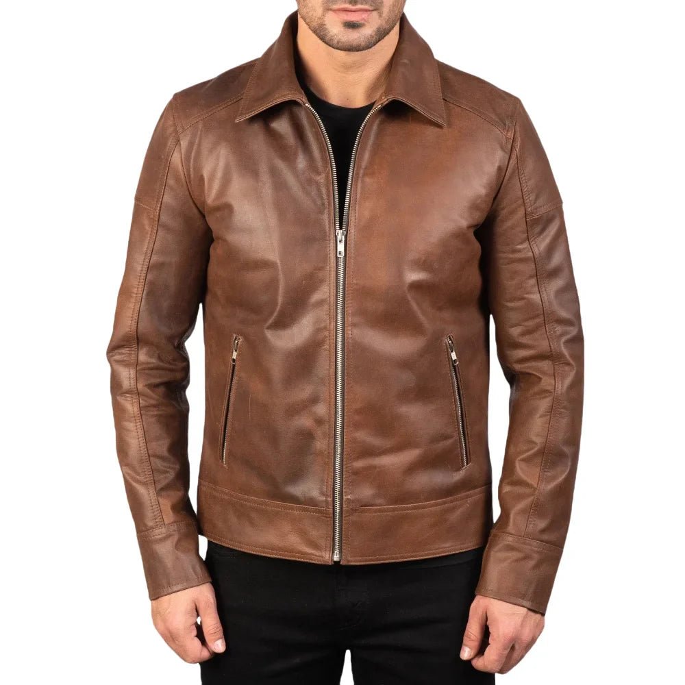 Men's Brown Leather Cafe Racer Jacket - Image 3