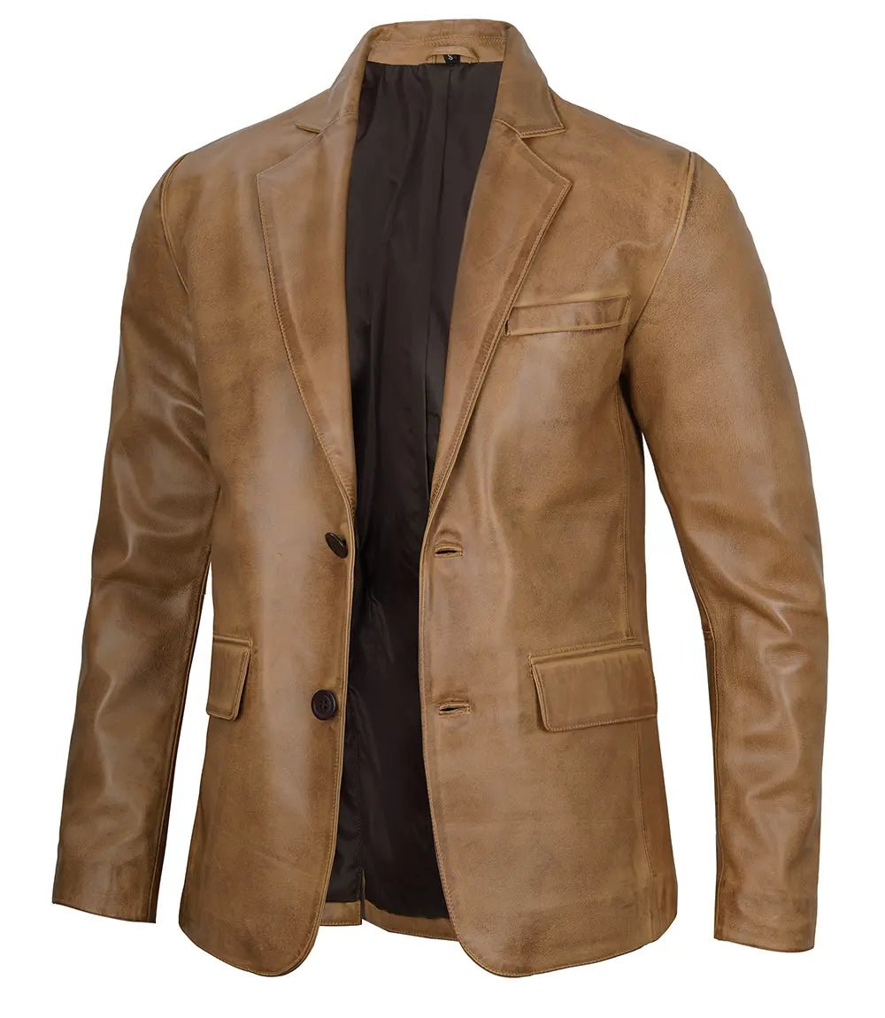 Men's Camel Brown Two-Button Leather Blazer