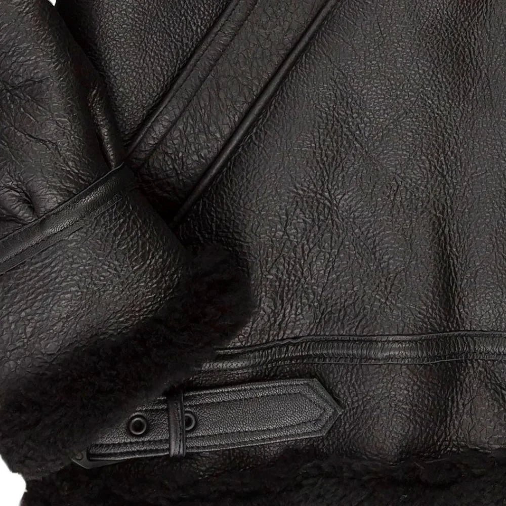 Men’s Black Hooded Shearling Leather Bomber Jacket - Image 3