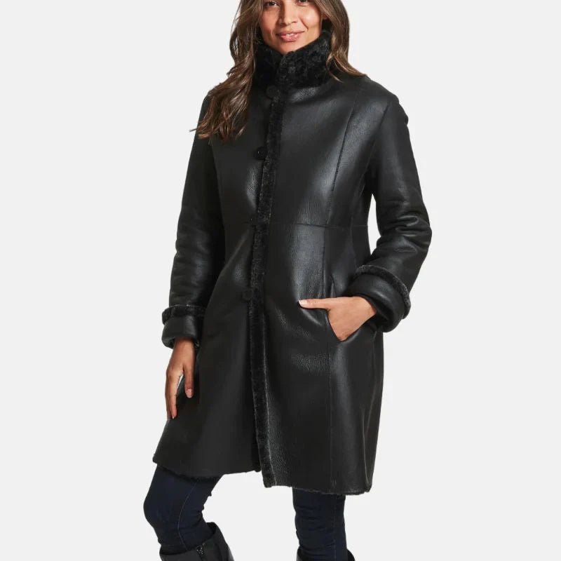 Victoria Womens Black Leather Shearling Winter Coat - Image 3