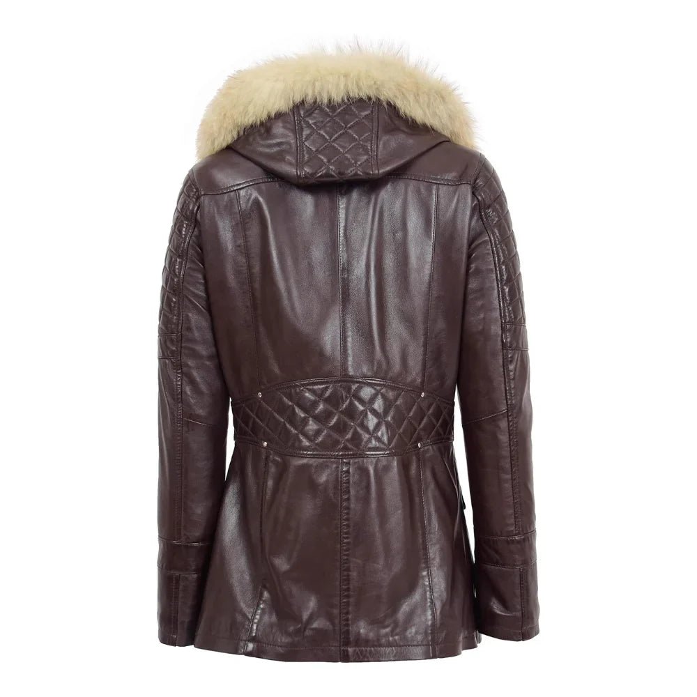 Women’s Ariel Brown Sheepskin Leather Duffle Coat with Removable Sherpa Hood - Image 4