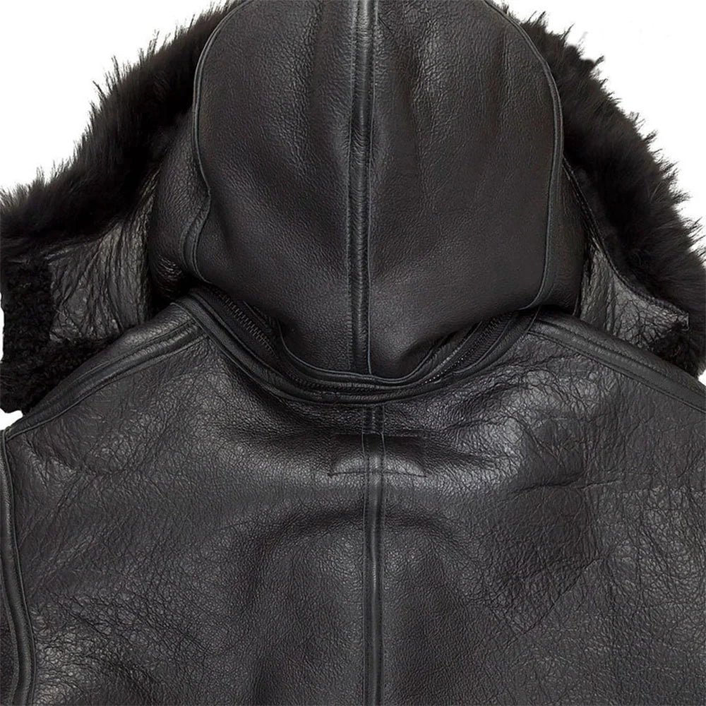 Men’s Black Hooded Shearling Leather Bomber Jacket - Image 4