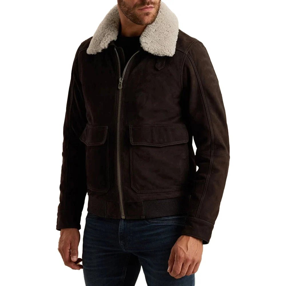 Men's Brown Aviator Nubuck Leather Fur Jacket - Image 3