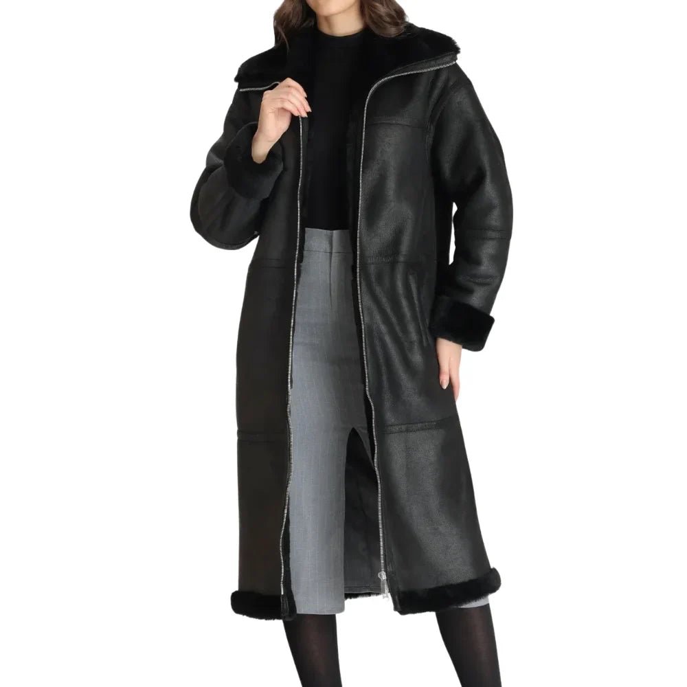Women’s Full-Length Black Shearling Leather Coat – Ultimate Winter Warmth