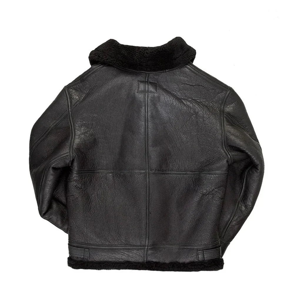 Men’s Black Hooded Shearling Leather Bomber Jacket - Image 5