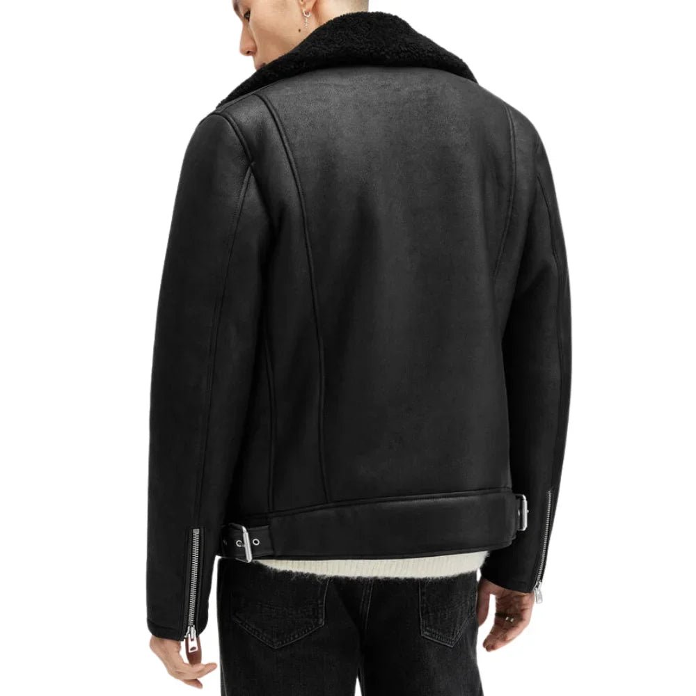 Men's Archon Dyed Black Shearling Leather Biker Jacket - Image 8