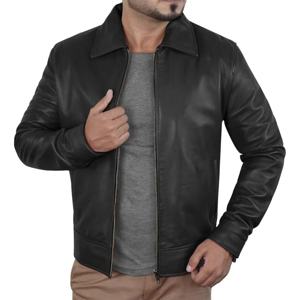 Men’s Black Leather Harrington Jacket with Shirt Collar