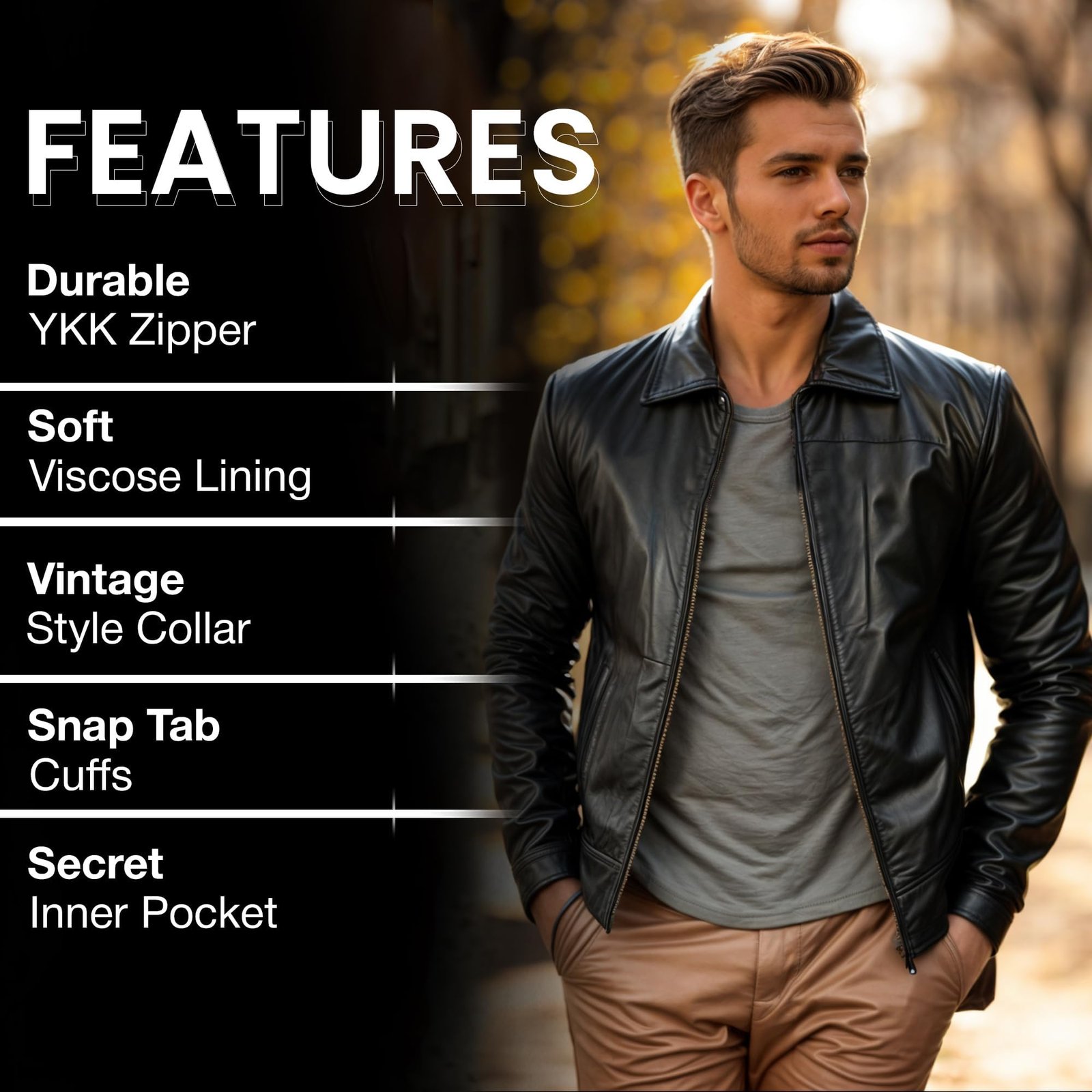 Men’s Black Leather Harrington Jacket with Shirt Collar - Image 6