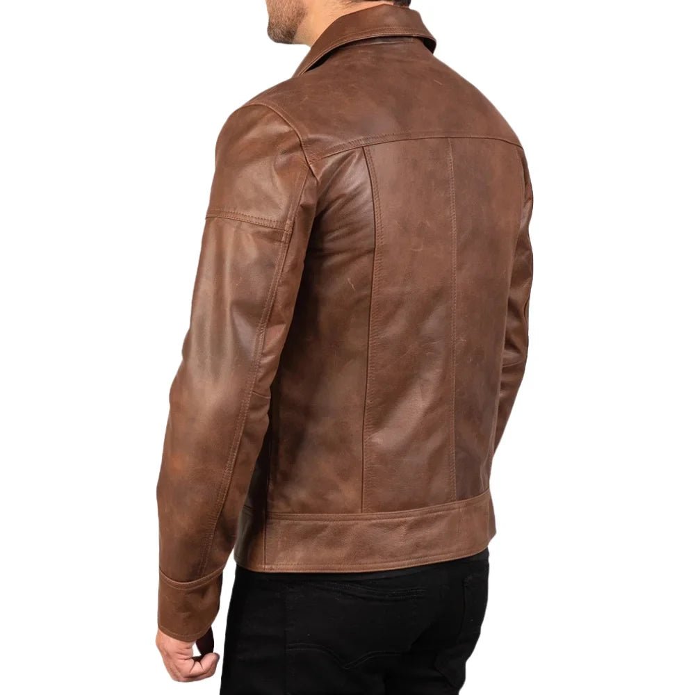 Men's Brown Leather Cafe Racer Jacket - Image 5