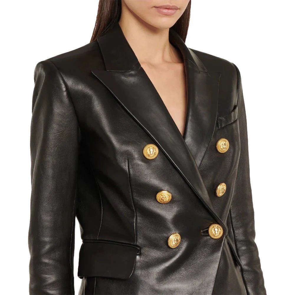 Womens Kim Double Breasted Black Leather Blazer - Image 2