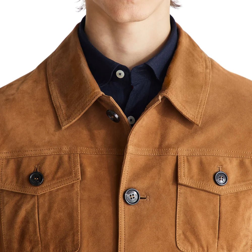 Men's Tan Suede Trucker Jacket - Image 4