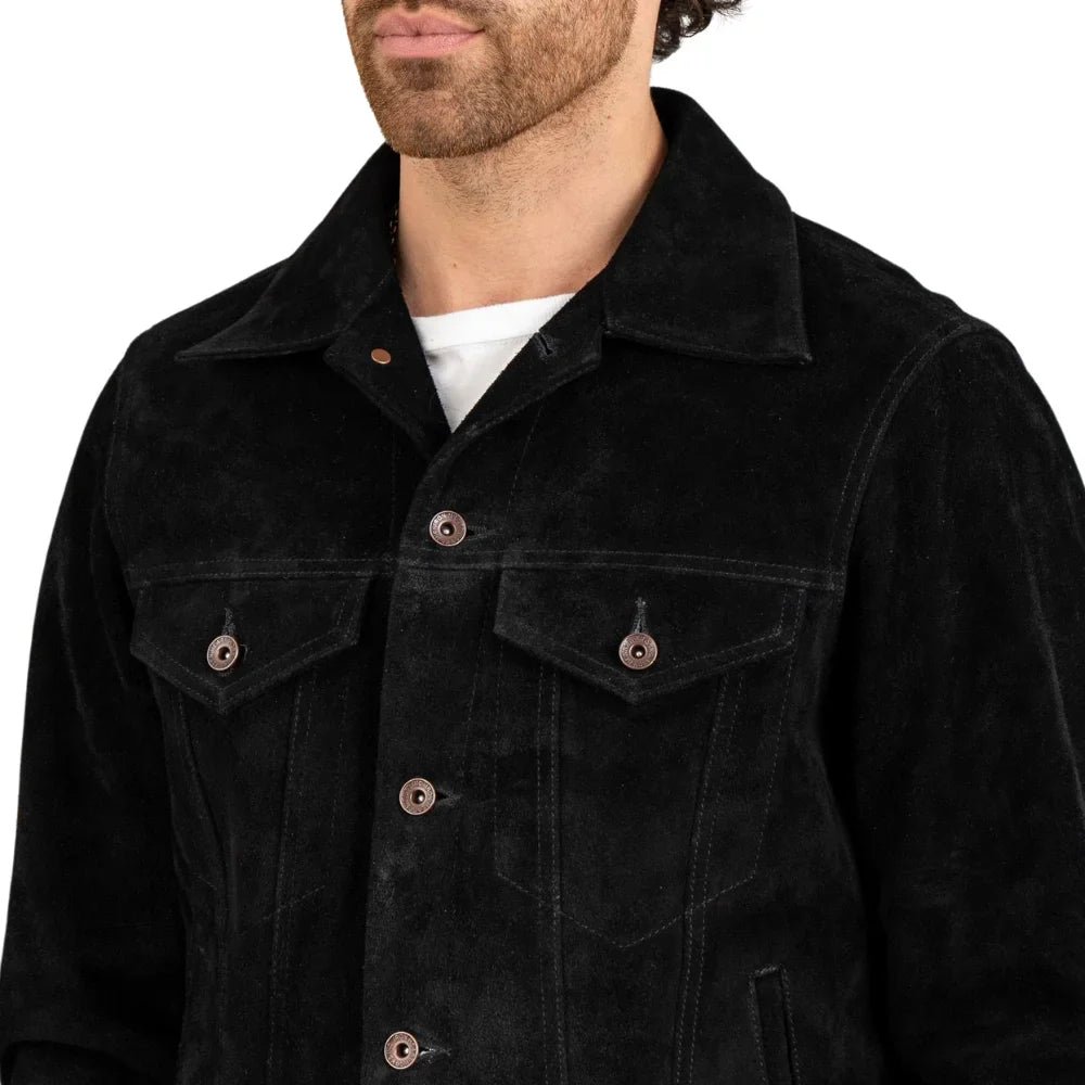 Men's Black Suede Trucker Jacket - Image 2
