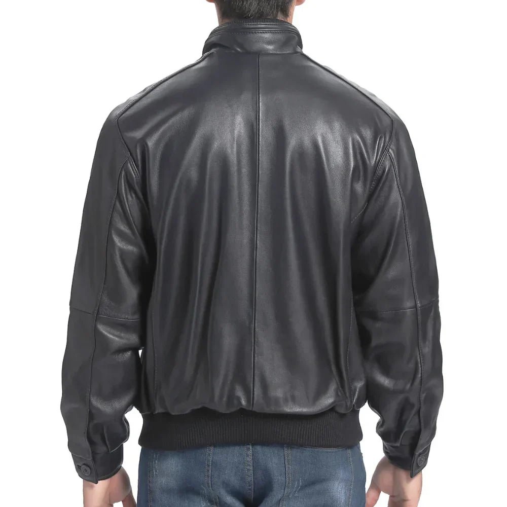 Men’s Tall Black Lambskin Leather Bomber Jacket - Image 7