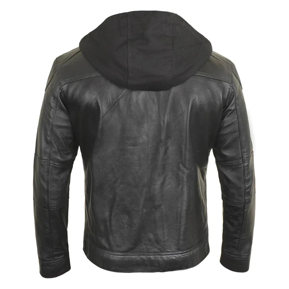 Men’s Tall Black Leather Biker Jacket with Removable Hood - Image 5