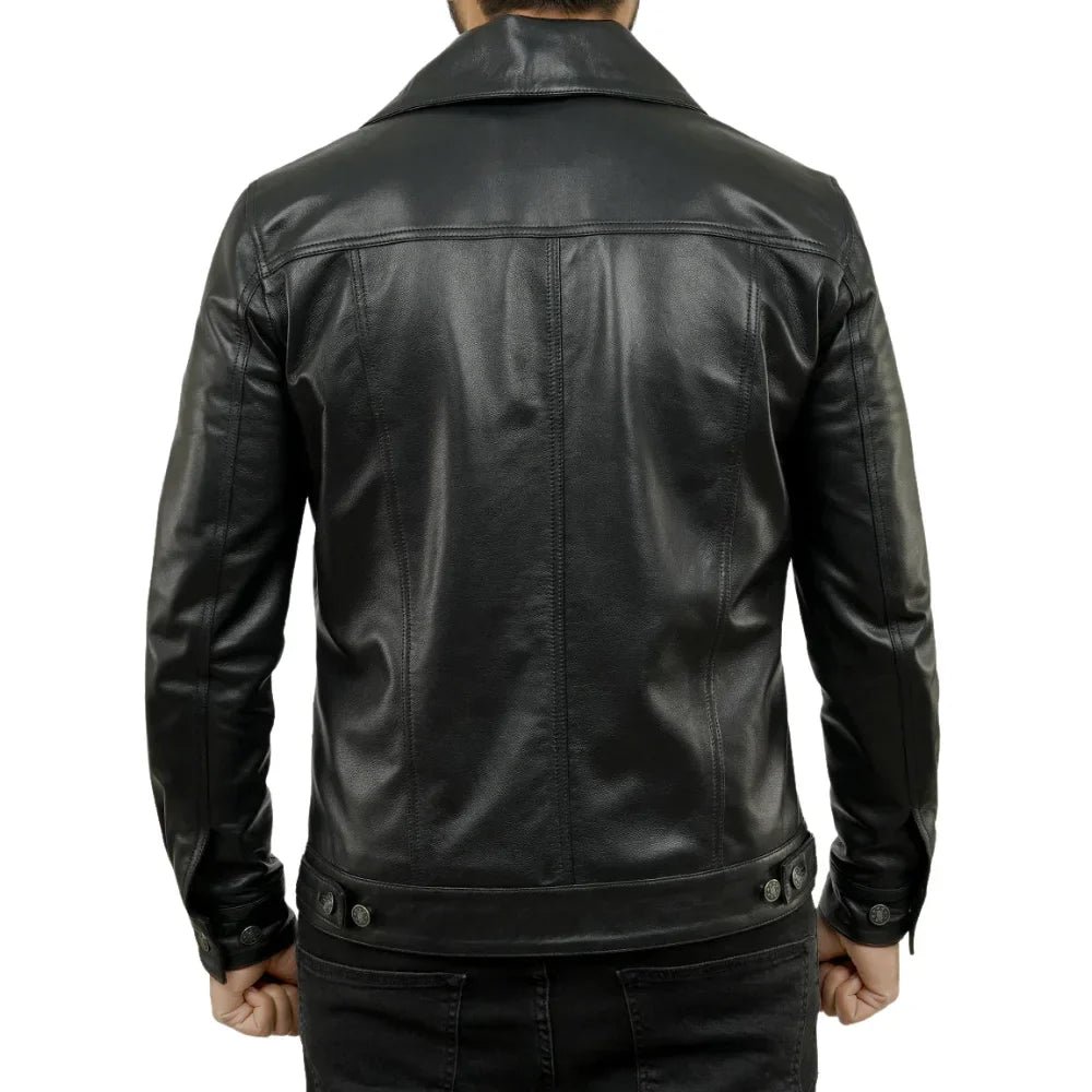 Men’s Tall Black Leather Trucker Jacket with Shirt Collar - Image 6