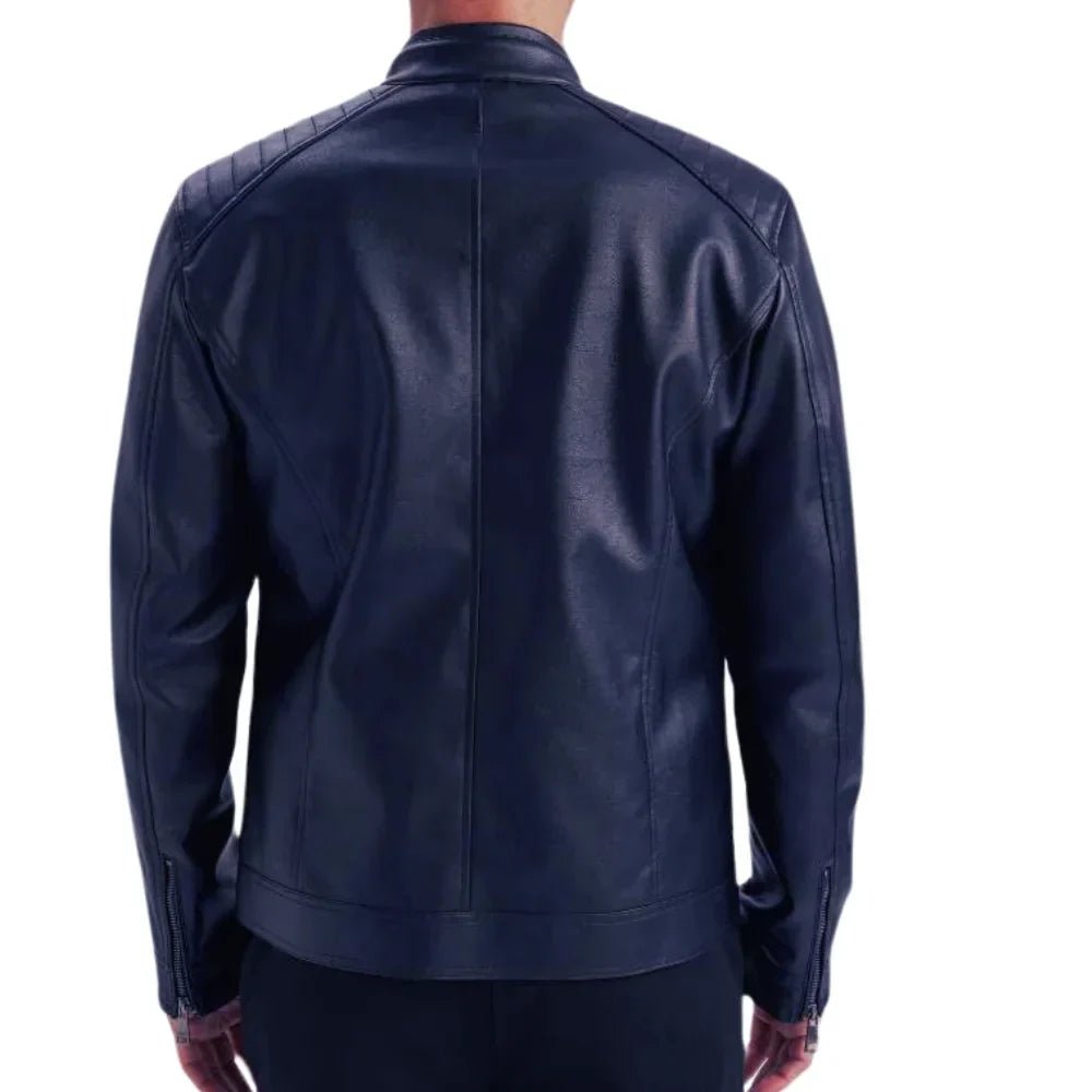 Men’s Tall Electric Blue Quilted Leather Cafe Racer Jacket - Image 6