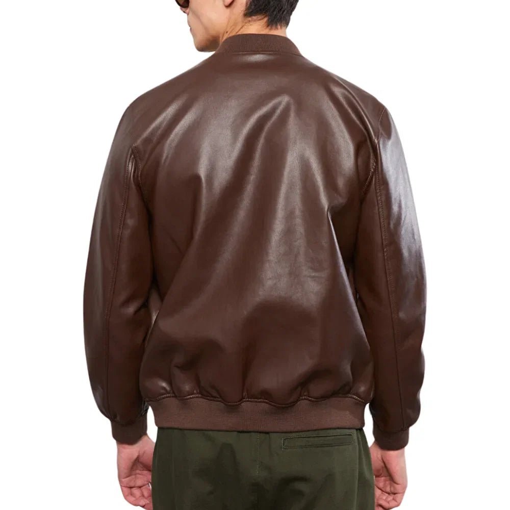 Men’s Tall Chocolate Brown Leather Bomber Jacket - Image 5