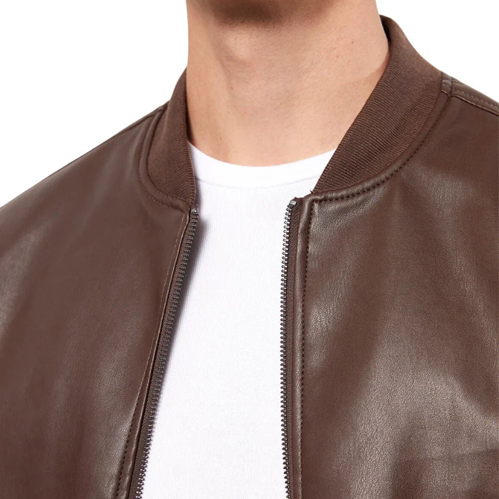 Men’s Tall Chocolate Brown Leather Bomber Jacket - Image 2