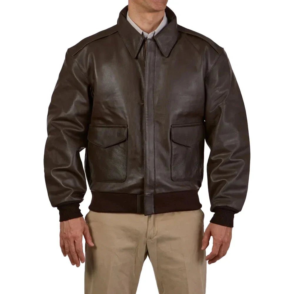 Men’s Tall Brown A2 Distressed Leather Bomber Jacket - Image 2
