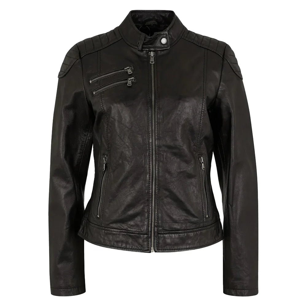 Tall Women’s Black Nubuck Cowhide Biker Jacket with High Collar