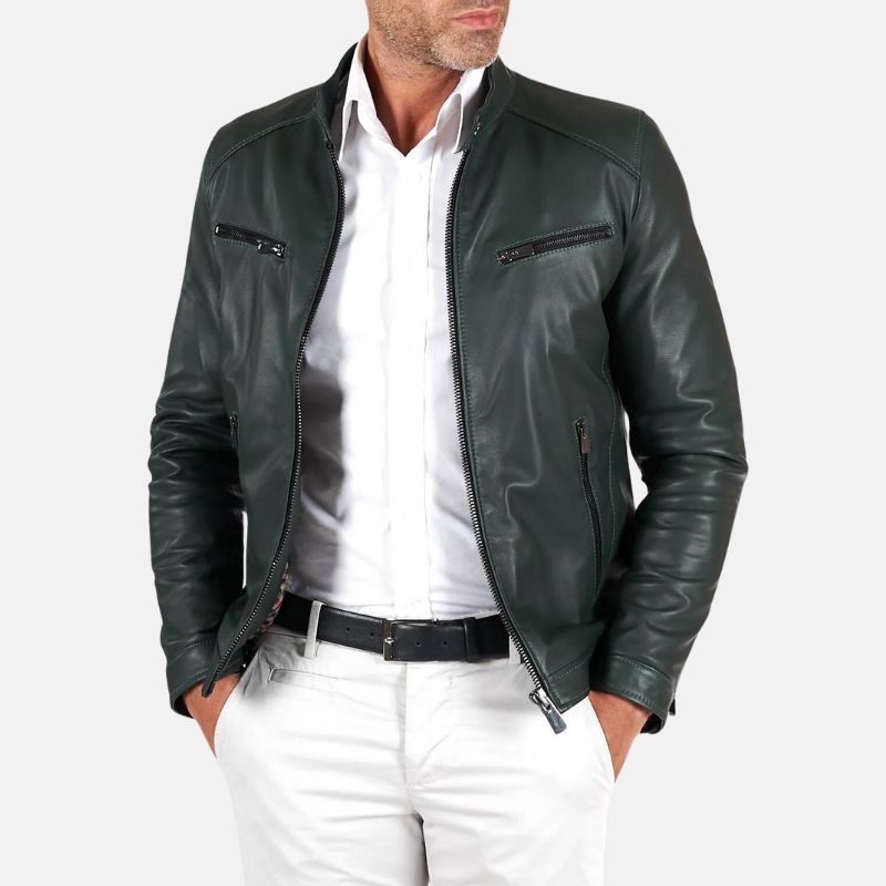 Men’s Dark Green Leather Bomber Jacket with Zip Pockets - Image 2