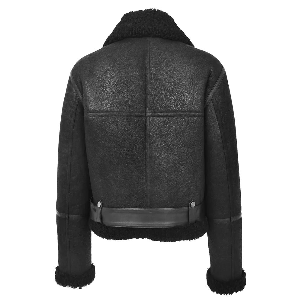 Women’s Black Sheepskin Belted Aviator Jacket - Image 6