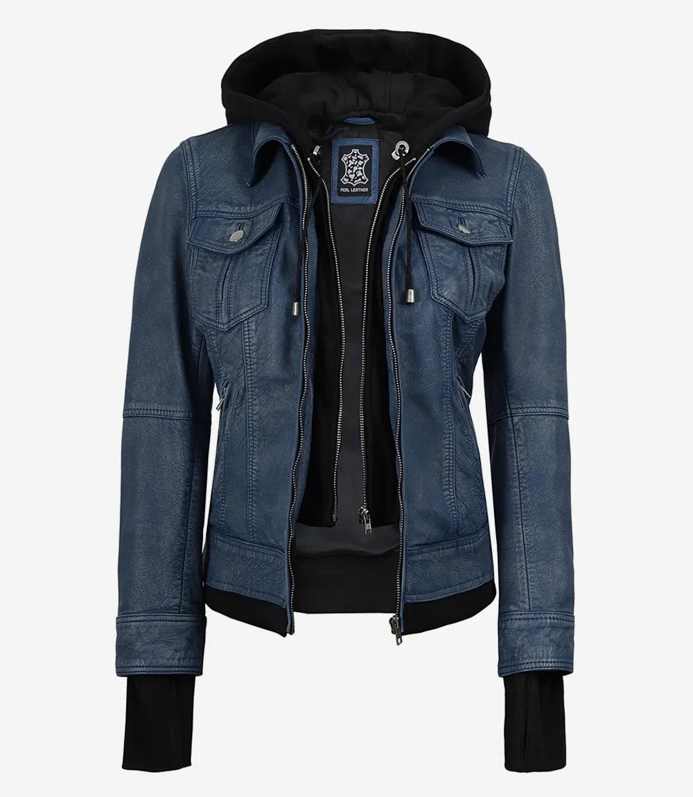 Women's Blue Leather Jacket with Removable Hood - Washed Denim Look - Image 2