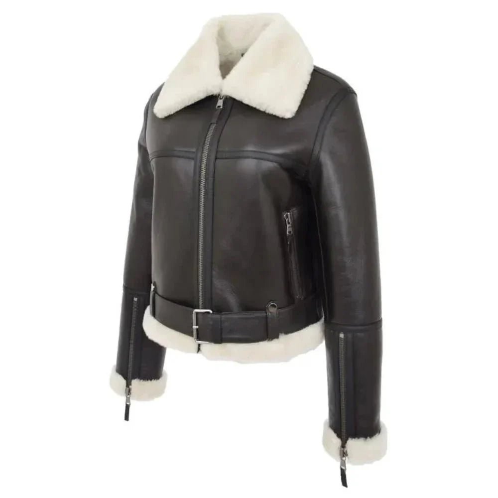 Women’s Black B3 Belted Shearling Aviator Jacket - Image 4