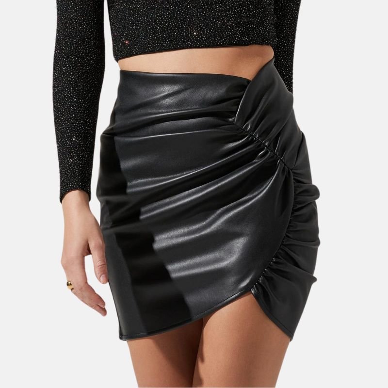 Women’s Black Leather Mini Skirt with Lapel Detail - Image 2