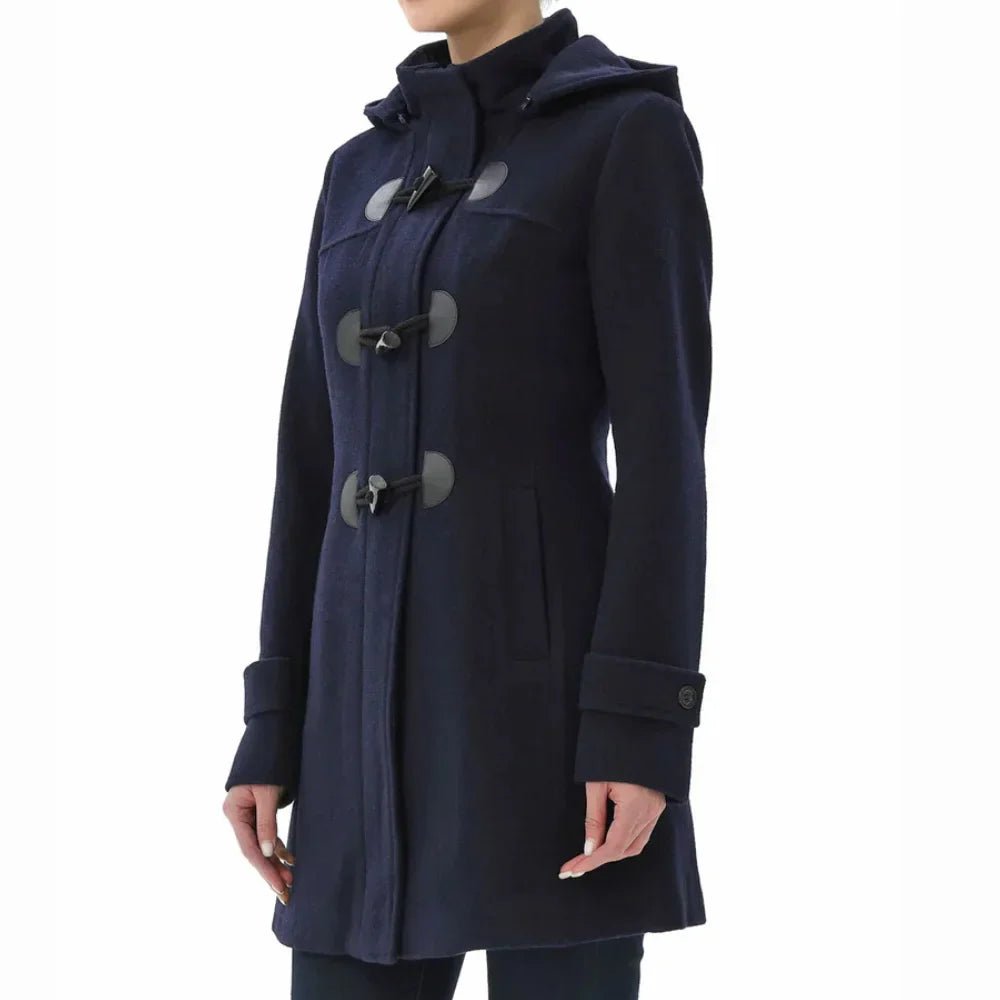 Women’s Wool Blend Navy Blue Hooded Duffle Coat - Image 3