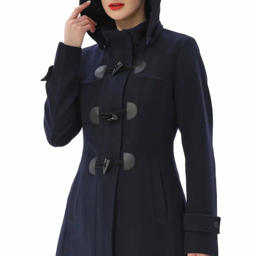 Women’s Wool Blend Navy Blue Hooded Duffle Coat - Image 2