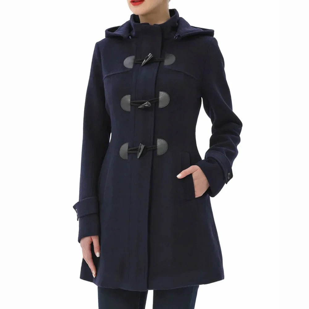 Women’s Wool Blend Navy Blue Hooded Duffle Coat - Image 4