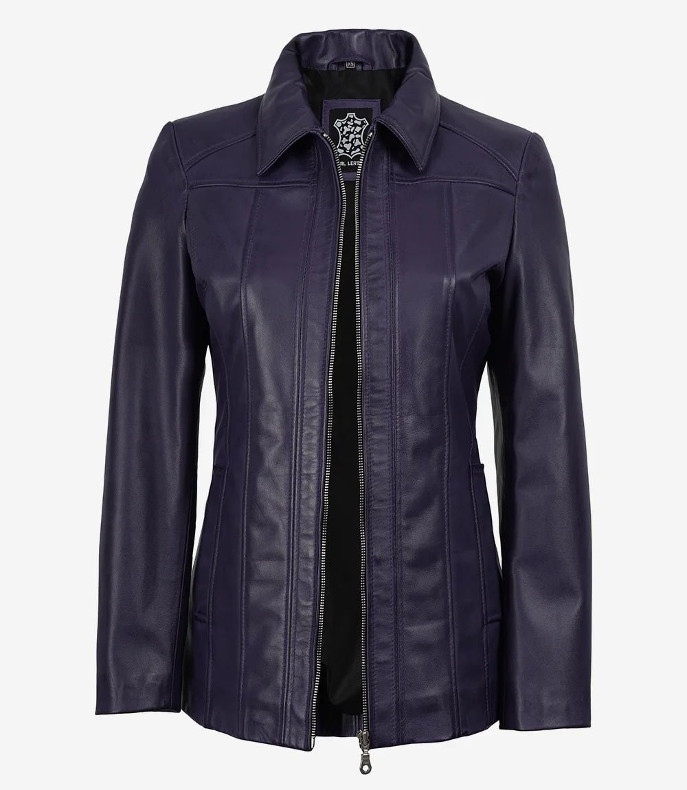 Women's Purple 3/4 Length Lambskin Coat with Shirt Collar - Image 3