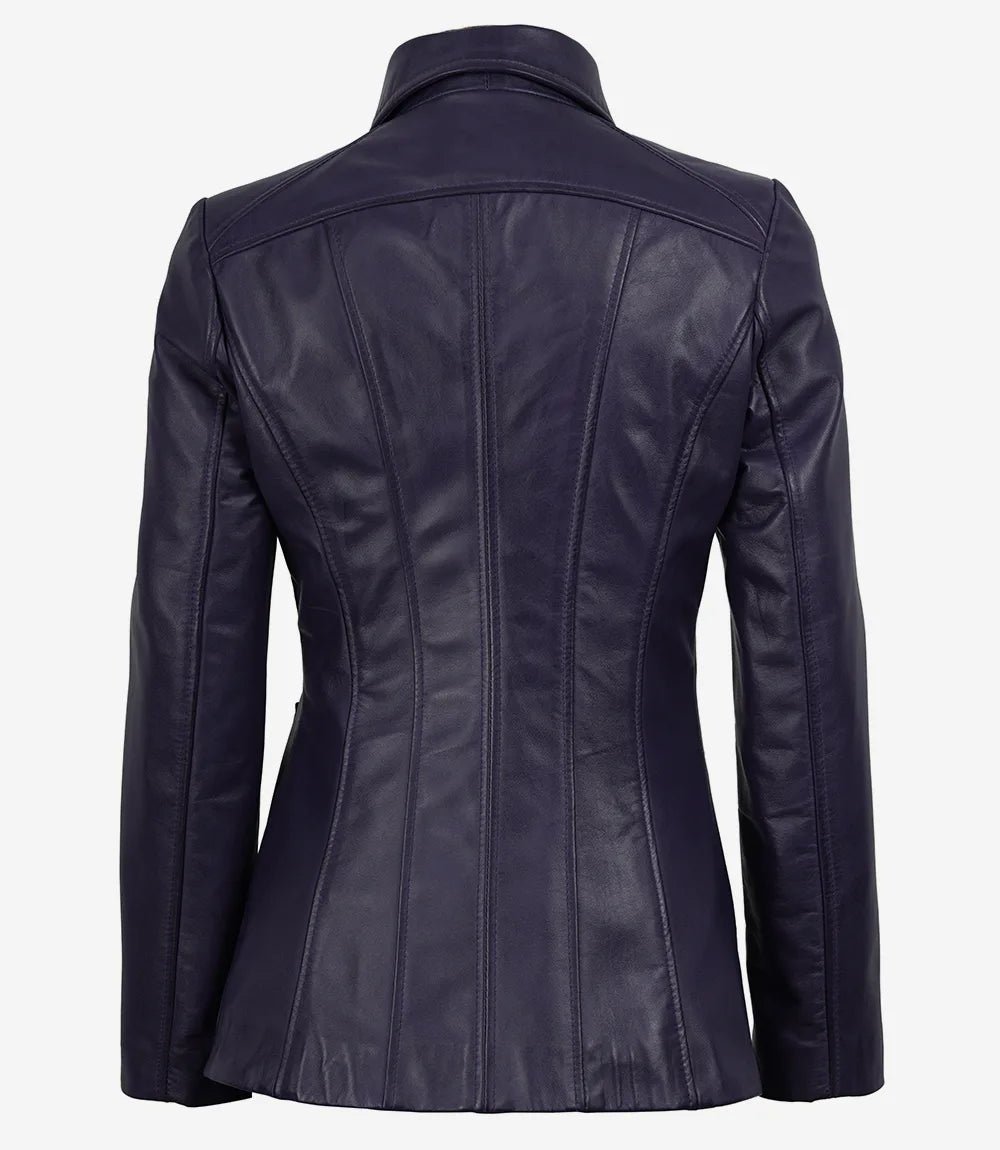 Women's Purple 3/4 Length Lambskin Coat with Shirt Collar - Image 2
