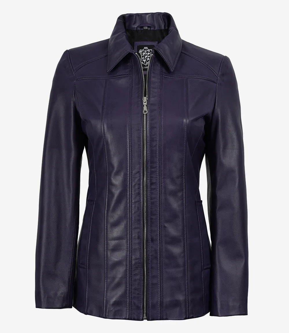 Women's Purple 3/4 Length Lambskin Coat with Shirt Collar - Image 4