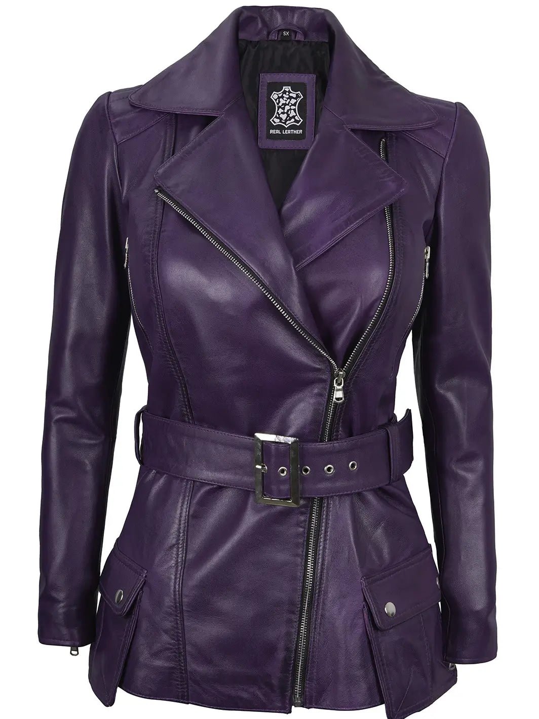 Women’s Purple Lambskin Leather Asymmetrical Biker Jacket
