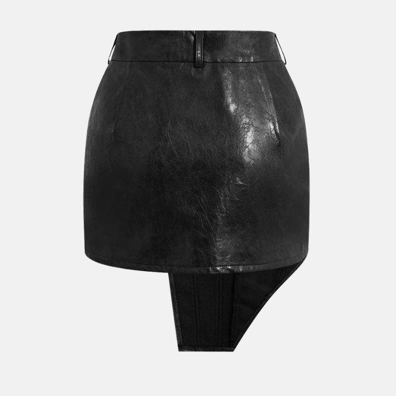 Women’s Asymmetrical Button Black Leather Skirt - Image 2