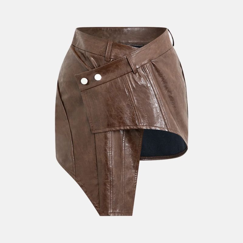 Women’s Brown Asymmetrical Button Leather Mini Skirt