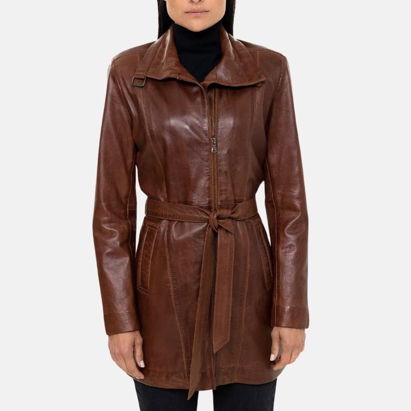 Womens Leather Belted 3/4 Length Brown Trench Coat