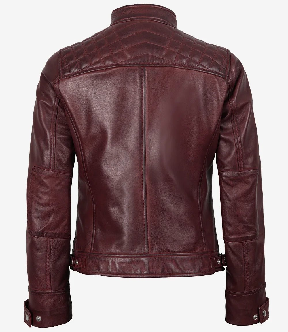 Johnson Women's Burgundy Quilted Cafe Racer Leather Jacket - Image 2