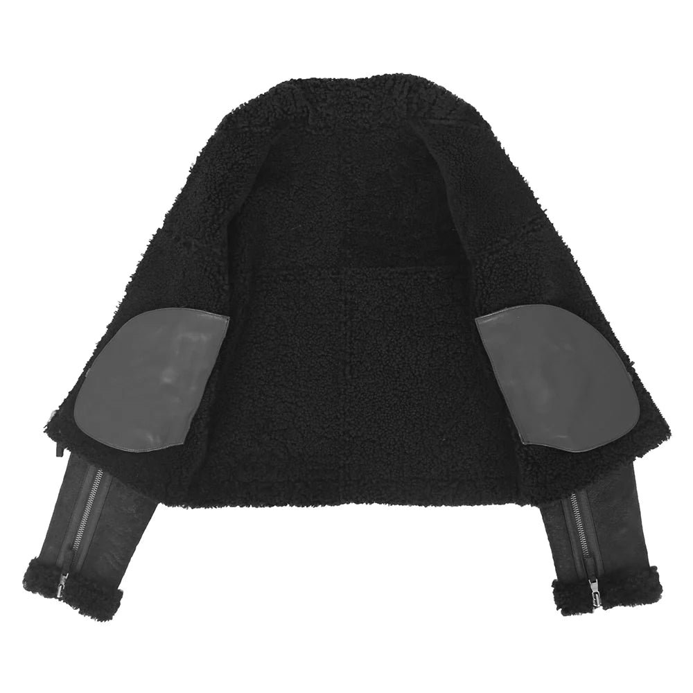 Women’s Black Sheepskin Belted Aviator Jacket - Image 5