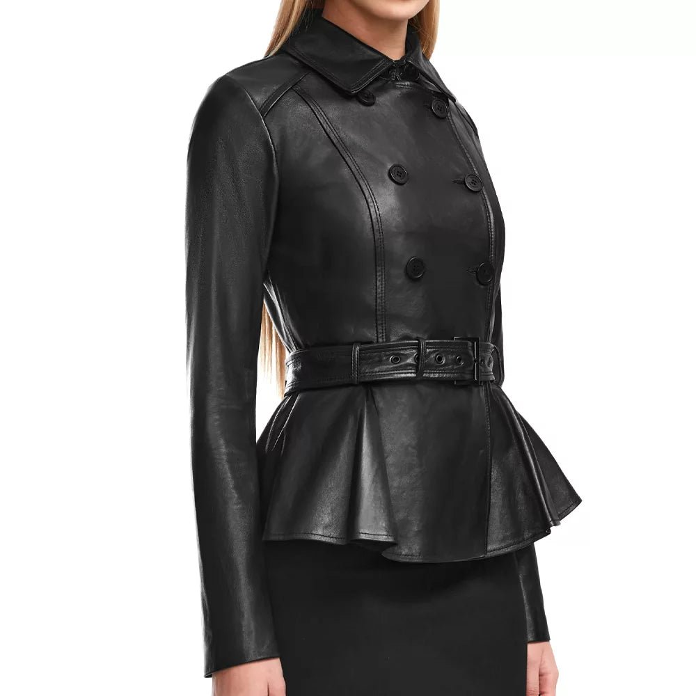 Women's Black Leather Peplum Jacket - Image 3