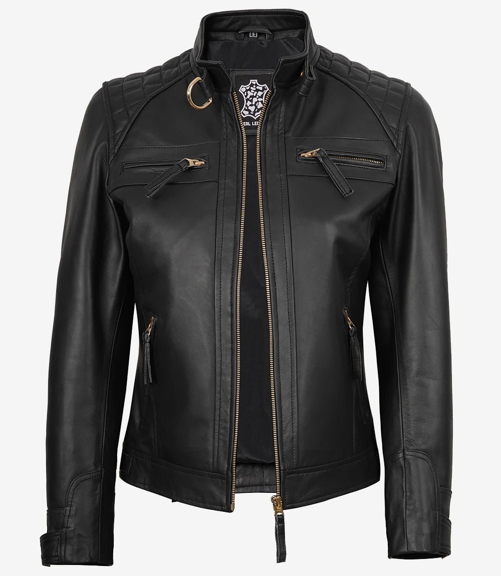 Women's Black Quilted Lambskin Biker Jacket — Gold Zippers & Snap Cuffs