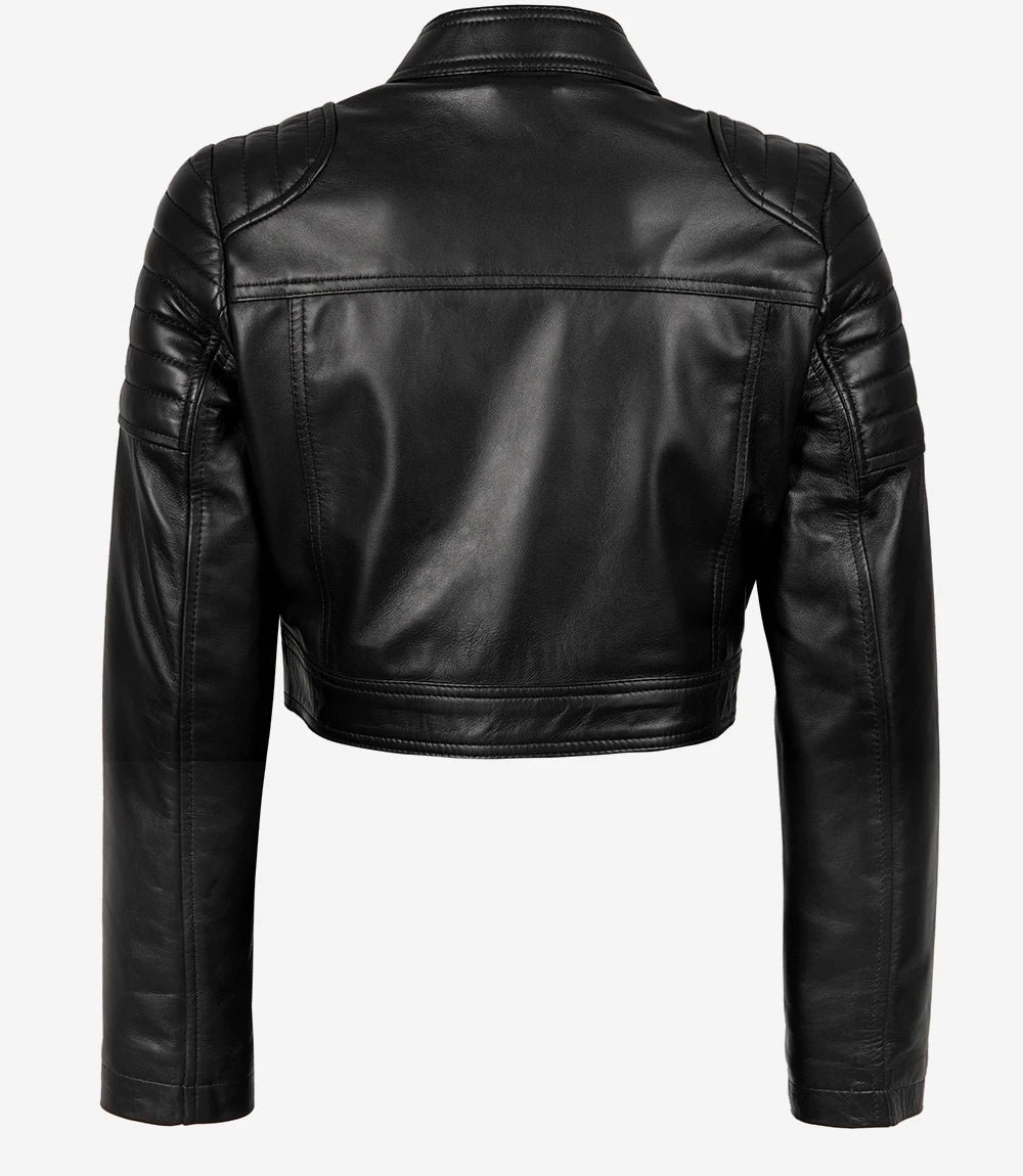 Women's Black Cropped Biker Style Leather Jacket - Image 4