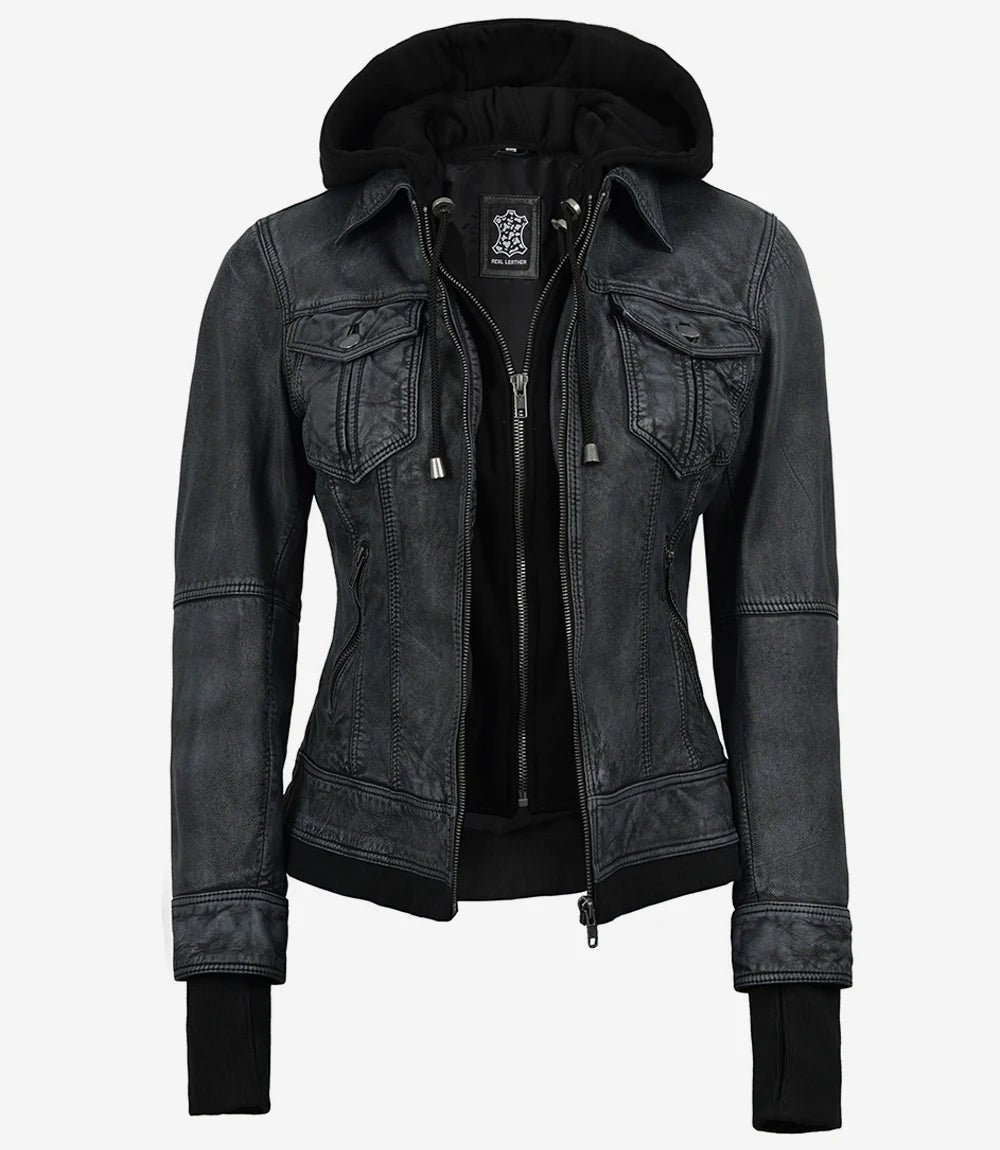 Women's Washed Black Lambskin Bomber Jacket with Removable Hood - Image 5