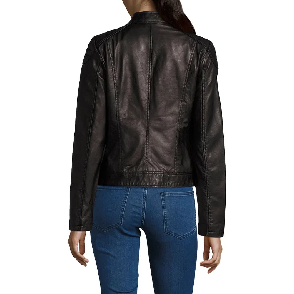Tall Women’s Black Nubuck Cowhide Biker Jacket with High Collar - Image 6