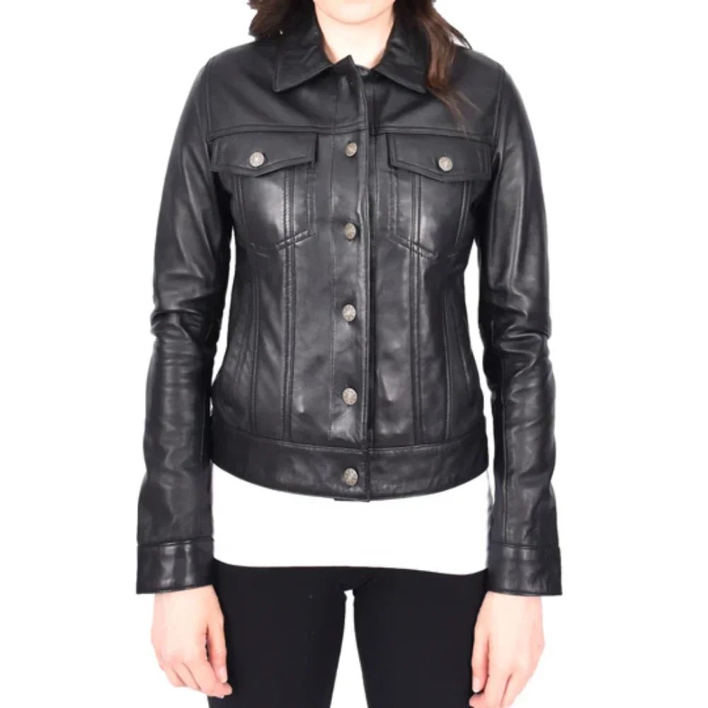 Women’s Classic Black Leather Trucker Jacket - Image 2